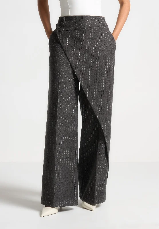 Women's Party Outfit Mid - Week Surprise Wool Pinstripe Wrap Tailored Trousers - Grey