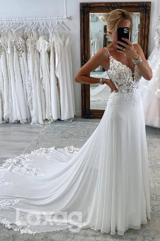 Women's Night-Out Outfit Trend Alert 12514 - Spaghetti Appliqued Chiffon Bridal Wedding Dress With Train