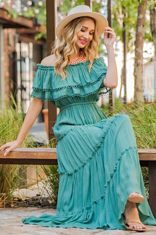 Women's Seasonal Clothes Elegant Details Off-the-Shoulder Tiered Long Casual Maxi Dress