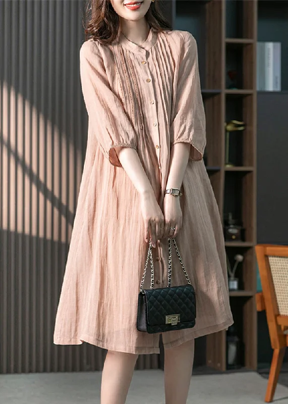 Women's Stylish Professional Apparel Limited Styles Fitted Pink Stand Collar Button Linen Maxi Dresses Spring