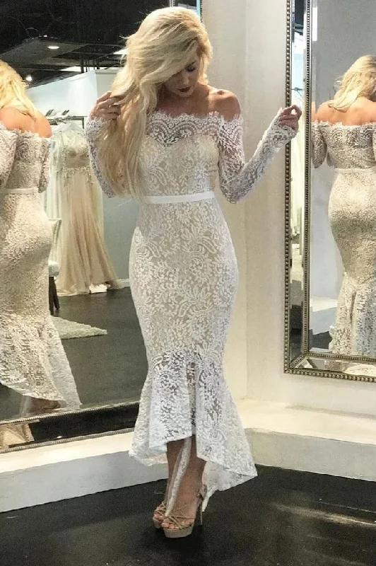 Women's Athletic Outfit Everyday Glamour High Low Long Sleeves Mermaid Lace Wedding Dresses Off the Shoulder Lace Bridal Dresses N2257