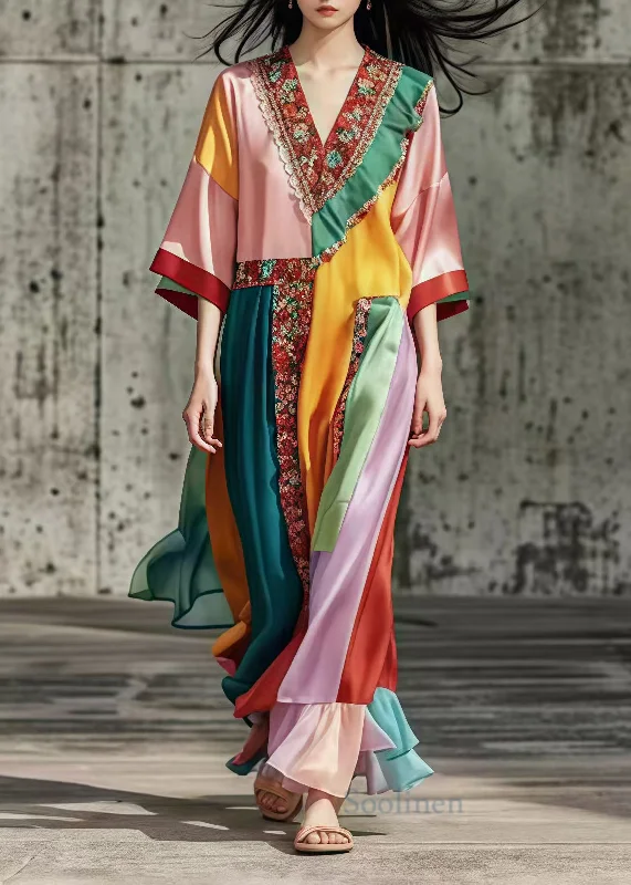 Timeless Women's Apparel Limited Stock, Big Sale French Colorblock Ruffled Patchwork Silk Maxi Dresses Summer