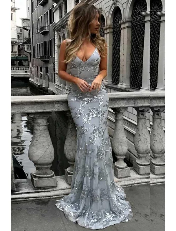 Women's Formal Event Attire Limited Stock, Big Discounts Mermaid / Trumpet Prom Dresses Sparkle & Shine Dress Formal Sweep / Brush Train Sleeveless V Neck Lace with Sequin