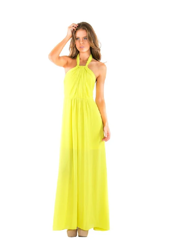 Women's Occasion Wear Clothes Sophisticated Cut Naughty Grl Halter Chiffon Maxi Dress - Lemon