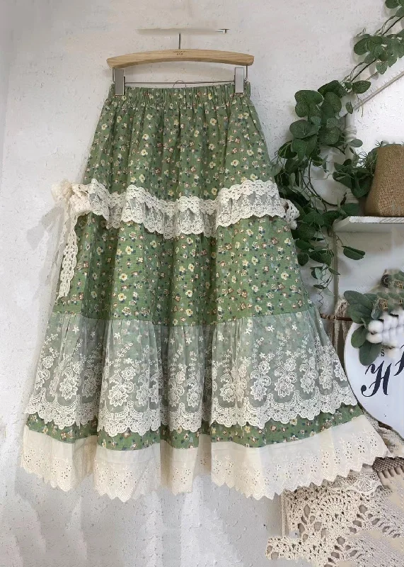 Chic Women's Garments Vintage Inspired Fashion Sale Loose Green Print Lace Elastic Waist Patchwork Skirts Summer