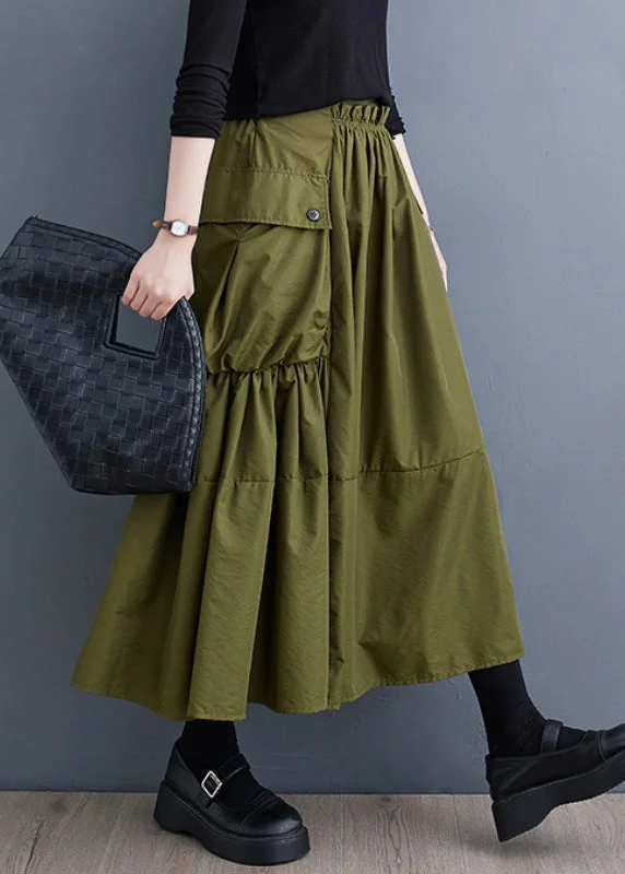 Stylish Women's Apparel Daily Deals New Army Green Wrinkled Pockets Patchwork Cotton Skirts Fall