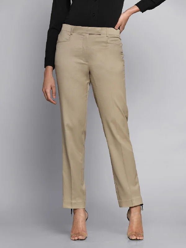 Elegant Women's Attire Day-To-Night Styles Poly Cotton Mid Waist Regular Fit Pants - Bamboo Beige