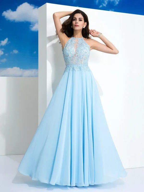 Women's Clothes For Work Limited Styles A-Line/Princess Spaghetti Straps Applique Sleeveless Long Chiffon Dresses