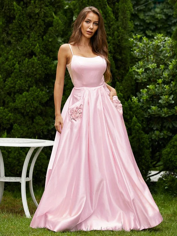 Women's Comfortable Lounge Garments Chic Outfits A-Line/Princess Satin Applique Spaghetti Straps Sleeveless Floor-Length Dresses