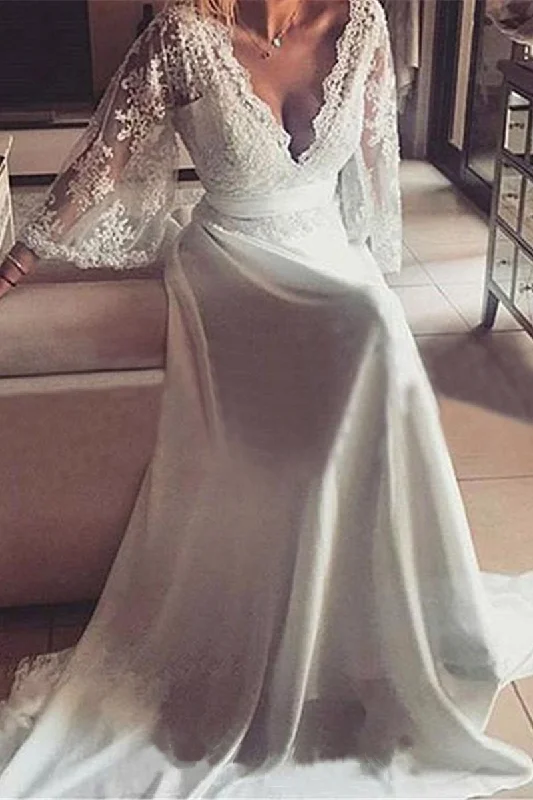 Women's Athletic Outfit Trendy Styles Romantic Boho V Neck Lace Appliques Chiffon Long Beach Wedding Dresses with Sash N629