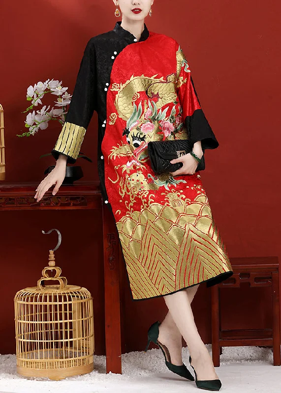 Charming Women's Holiday Apparel Insane Discount Onslaught Vintage Black Patchwork Red Stand Collar Embroideried Side Open Button Silk Maxi Dresses Long Sleeve