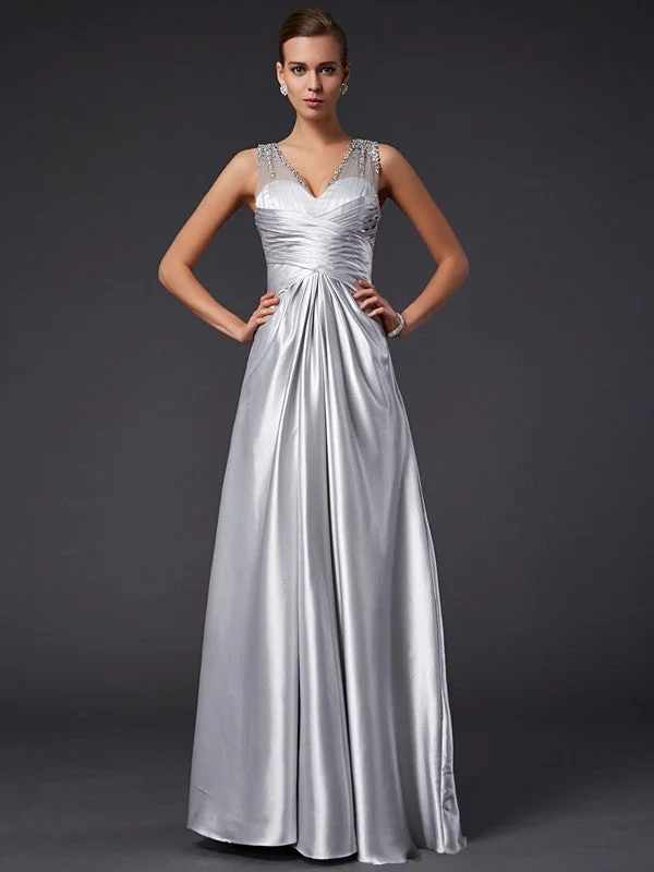 Women's Date Night Outfit Graceful Drape A-Line/Princess V-neck Sleeveless Beading Long  Woven Satin Dresses