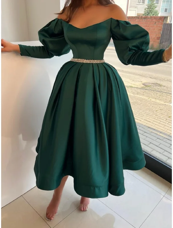 Women's Cozy Winter Attire Score Big On Glamorous Red - Carpet Styles A-Line Evening Gown Elegant Dress Formal Tea Length Christmas Red Green Dress Long Sleeve Off Shoulder Satin with Pleats Crystals