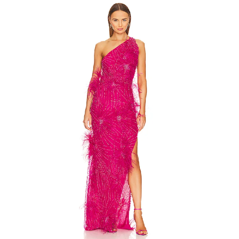 Women's Holiday Attire Discover Promotions One Shoulder Sleeveless Sequins Maxi Dress KLYB015