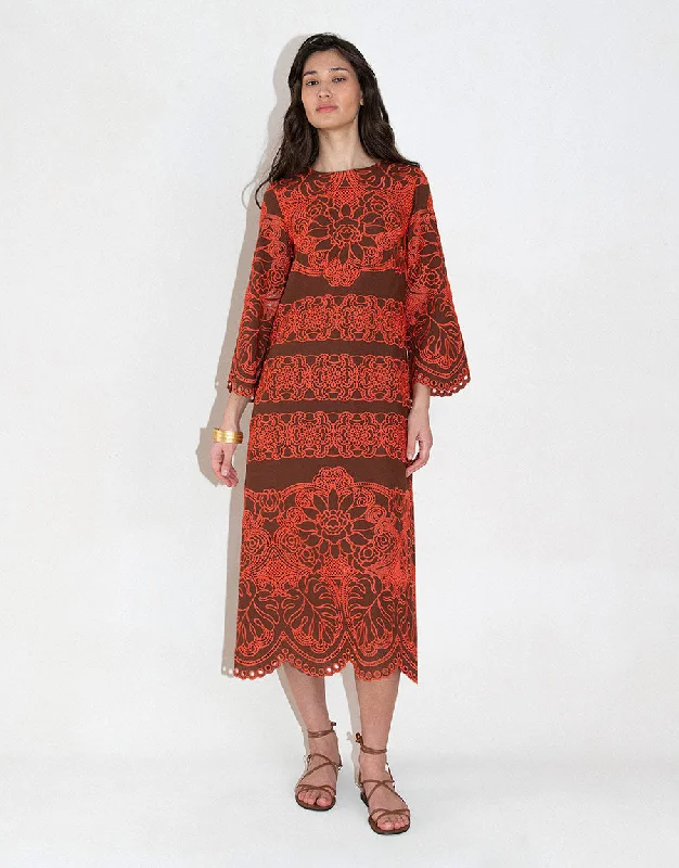 Women's Chic Outerwear Garments Trend Alert Seraphina Embroidery Midi Dress - Palm Brown