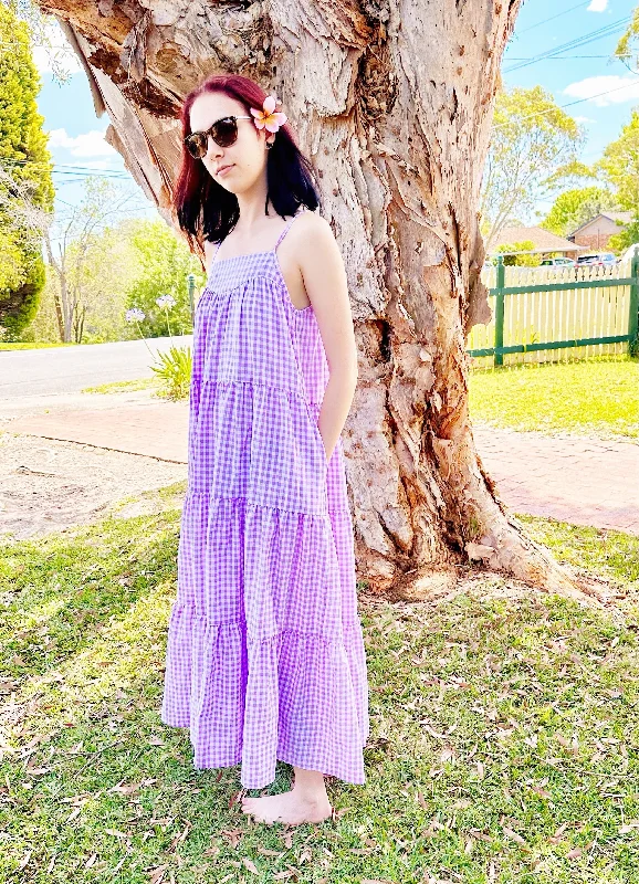 Women's Work Outfit Lighten Up With Nordic Styles Willow Purple Gingham Maxi Dress