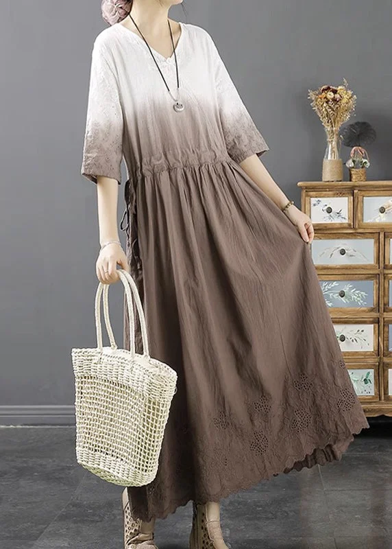 Sustainable Women's Apparel The Latest Trends Loose Light Coffee Patchwork Drawstring Maxi Dresses Bracelet Sleeve