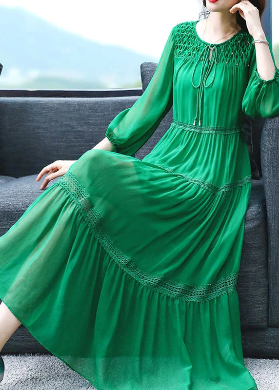 Women's Transitional Apparel Chic And Edgy Chic Green Ruffled Patchwork Hollow Out Silk Maxi Dress Bracelet Sleeve