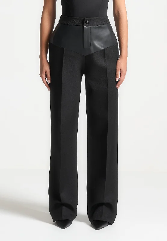 Women's Evening Outfit Lighten Up With Nordic Styles Leather Panel Tailored Trousers - Black