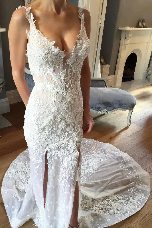 Women's Evening Wear Outfit Trend Alert Sheath V-Neck Sleeveless Court Train Lace Appliques Bridal Dresses Beach Wedding Gown N537