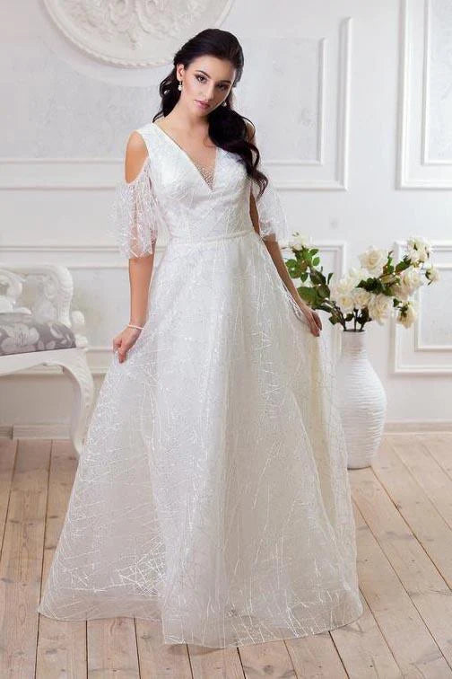 Women's Evening Garments Elegant Ensemble Deep V Neck Drop Sleeves Lace Wedding Dresses White Long Wedding Gowns