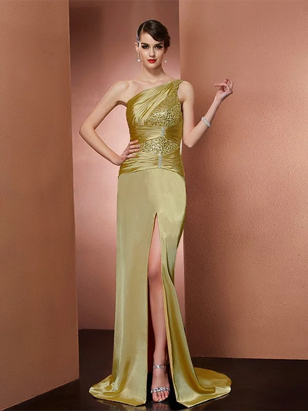 Women's Chic Outfit Luxury Comfort Sheath/Column One-Shoulder Sleeveless Beading Long  Woven Satin Dresses