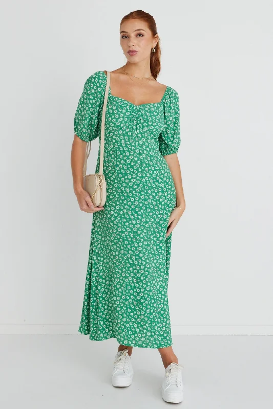 Stylish Women's Outfit Style Your Wardrobe Sweetheart Green Ditsy Smocked Bodice SS Midi Dress