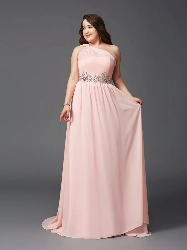 Women's Casual Wear Clothes Chic Styles A-Line/Princess One-Shoulder Rhinestone Sleeveless Long Chiffon Plus Size Dresses