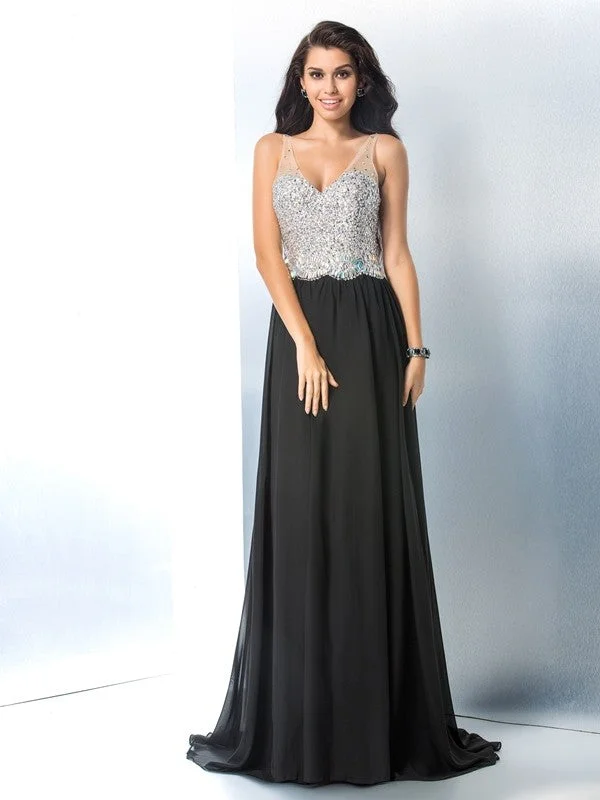 Women's Party Clothes Trendy Styles A-Line/Princess V-neck Beading Sleeveless Long Chiffon Dresses