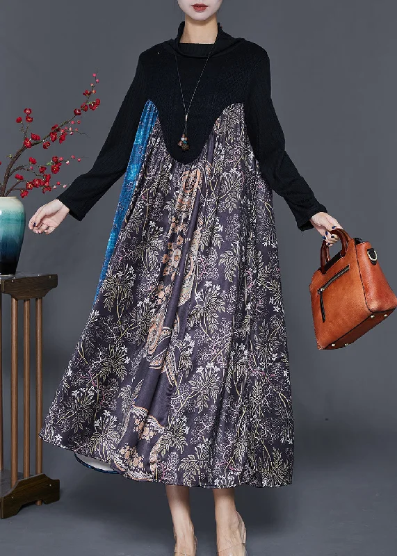 Women's Stylish Professional Apparel Explore What's New Unique Black Turtle Neck Patchwork Knit Maxi Dresses Fall