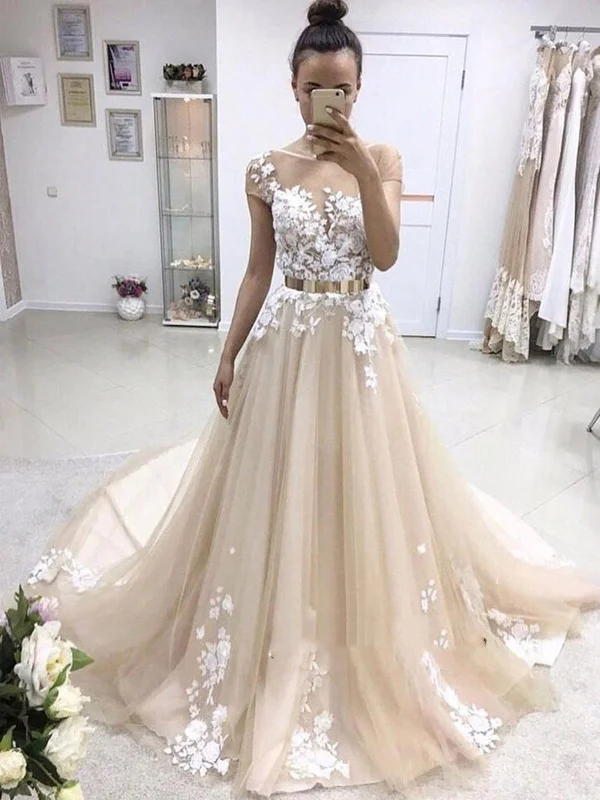 Timeless Women's Clothing Shop Sales Custom Made Champagne Round Neck Short Sleeves Sweep Train Lace Prom Dress, Champagne Formal Dress, Wedding Dresses