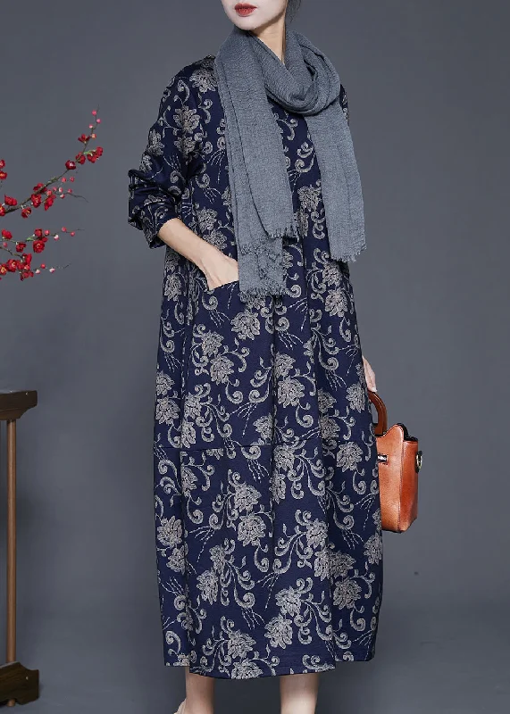 Affordable Women's Clothing Hot Trends Handmade Navy Oversized Print Cotton Maxi Dresses Fall