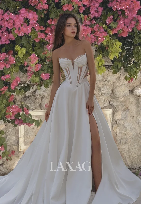 Women's High-Fashion Outfit Hot Trends Sweetheart Off-Shoulder Cutout A-Line Wedding Dress Pleated Satin Slit with Train Bridal Gowns