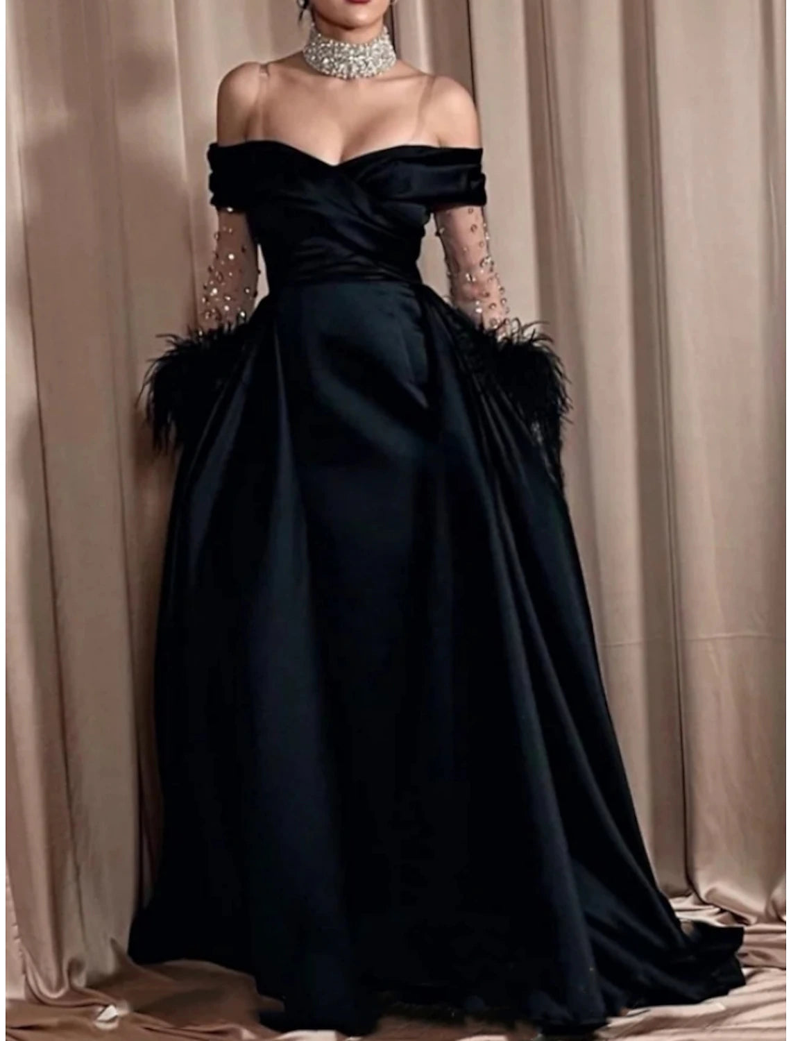 Women's Luxury Attire Great Deals On Ethnic Cultural Wear A-Line Evening Gown Elegant Dress Formal Black Dress Sweep / Brush Train Long Sleeve Off Shoulder Satin with Rhinestone Feather Pleats