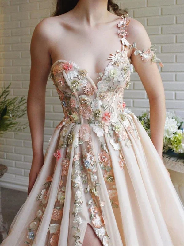 Women's Clothing For Casual Outings Fashion Sale Charming One Shoulder Floral Champagne Long Prom Dresses, 3D Flowers Champagne Formal Evening Dresses