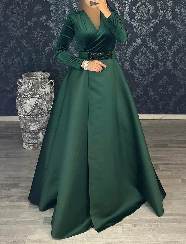 Modern Women's Attire Mid - Season Sale A-Line Evening Gown Elegant Dress Formal Christmas Floor Length Long Sleeve V Neck Satin with Rhinestone Ruched