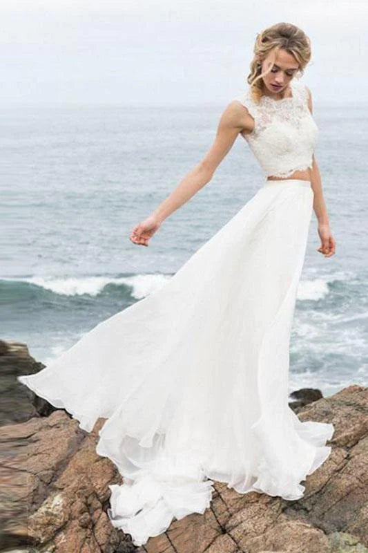 Women's Everyday Garments Romantic Detailing Elegant Two Pieces Straps Chiffon Wedding Dresses with Lace Beach Bridal Gowns