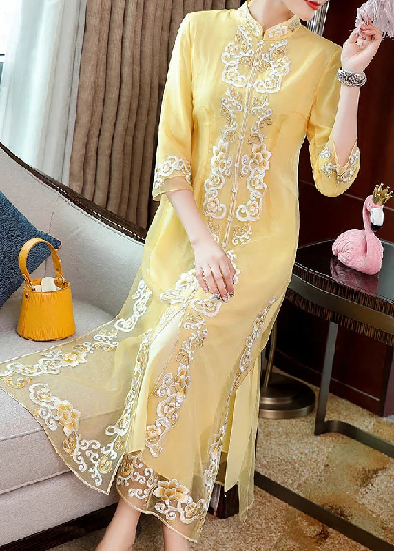 Stylish Women's Outerwear Apparel Crazy Price Slashing Vintage Yellow Stand Collar Embroideried Button Party Tulle Maxi Dress Long Sleeve