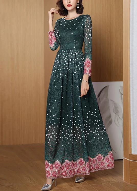 Women's Vacation Clothes Limited-Time Offer Novelty Green O-Neck Print Lace Patchwork Tunic Maxi Dress Long Sleeve