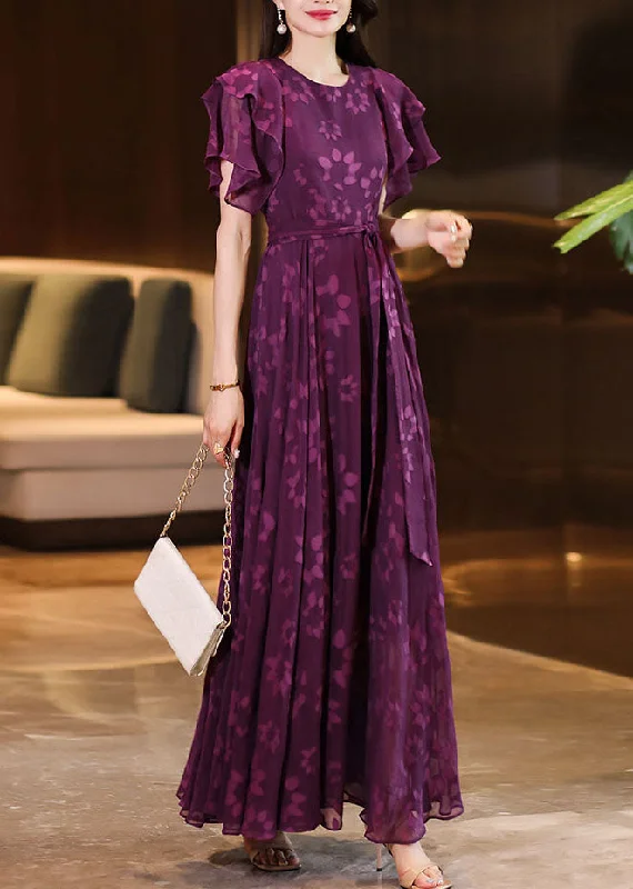 Women's Sporty Clothes Season Sale Women Purple O-Neck Print Ruffled Wrinkled Chiffon Maxi Dress Short Sleeve