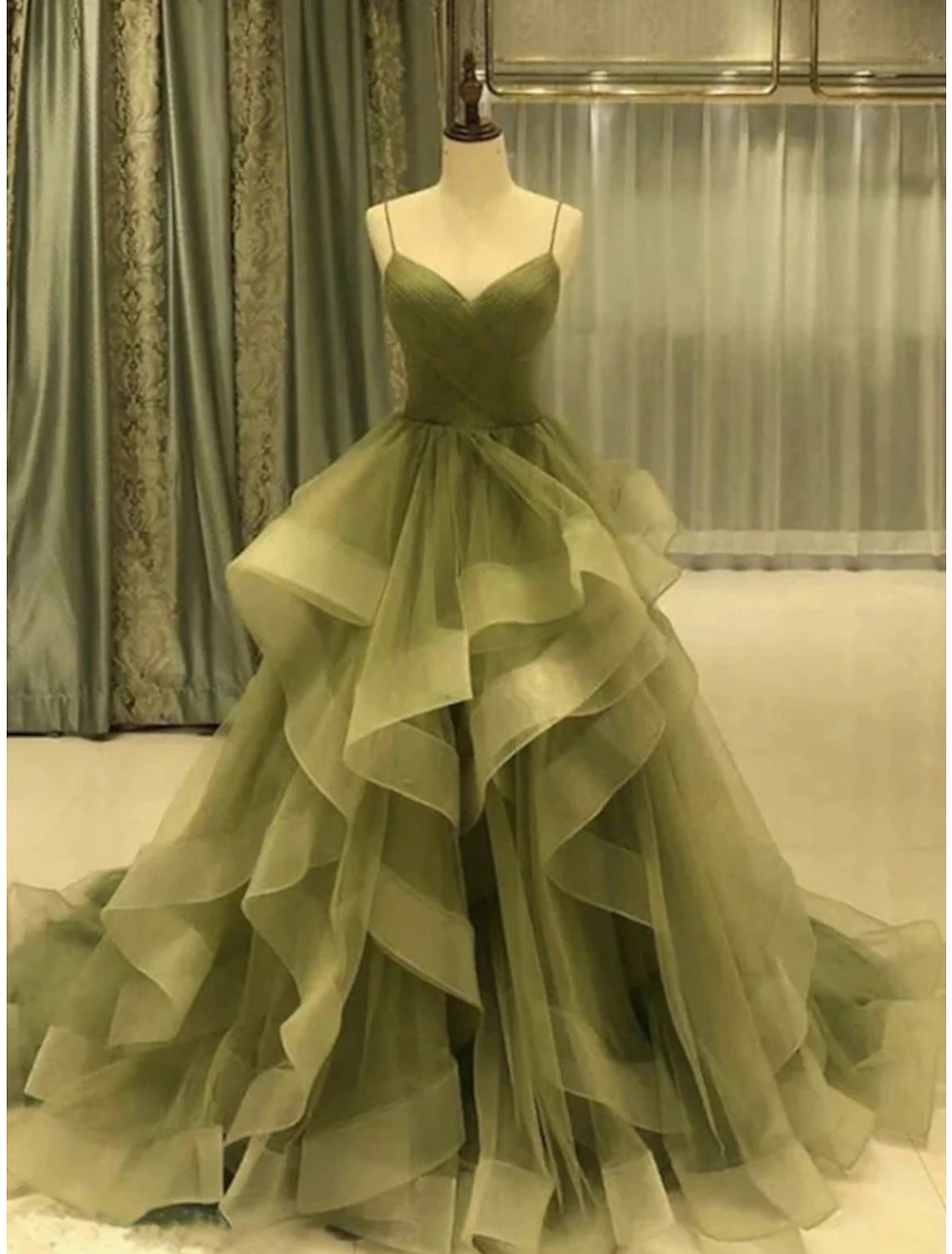 Women's Clothing Apparel Chic & Cozy Collection A-Line Prom Dresses Elegant Dress Formal Court Train Christmas Red Green Dress Sleeveless Spaghetti Strap Tulle with Pleats Ruffles