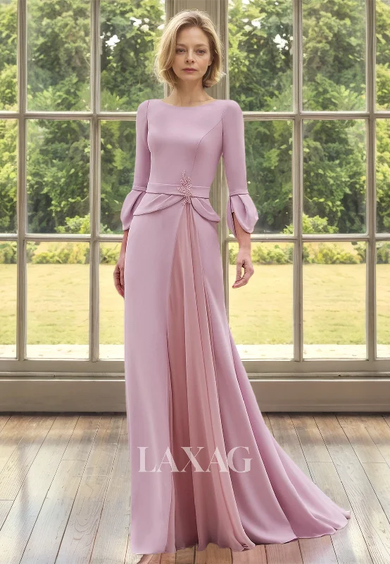 Formal Clothing For Women Your Timeless Wardrobe Awaits Long-Sleeves Scoop-Neck Fitted Mother of the Bride Dress Beaded Pleated Floor-Length Cocktail Gowns