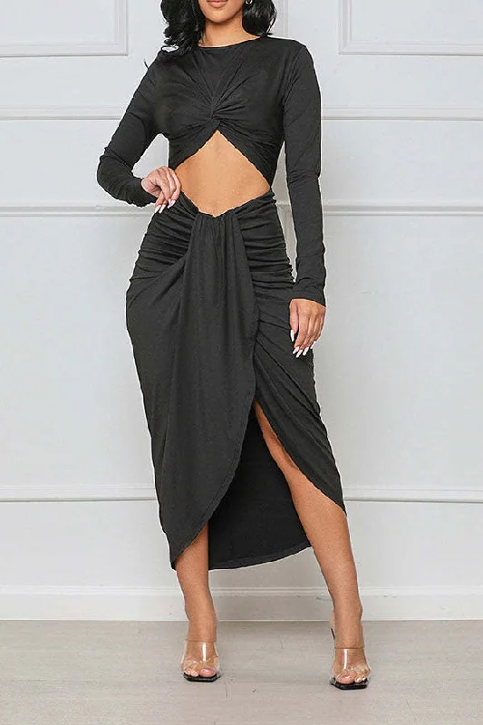 Casual Apparel For Women Summer Deals Solid Color Twisted Cutout Undeniable Irregular Split Midi Dress