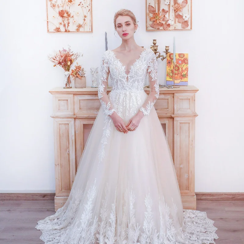 Women's High-Fashion Clothes Special Offer Sparkly Long Sleeve Lace A-Line Wedding Dress with Glitter Tulle