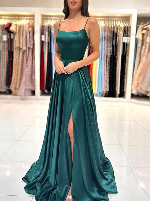 Women's Luxury Apparel Fashion Forward A-Line/Princess Silk like Satin Ruffles Spaghetti Straps Sleeveless Floor-Length Dresses