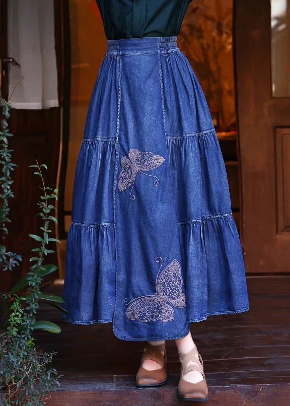 Women's Holiday Apparel New Styles Just In Loose Denim Navy Butterfly Embroidered Elastic Waist Maxi Skirts Summer