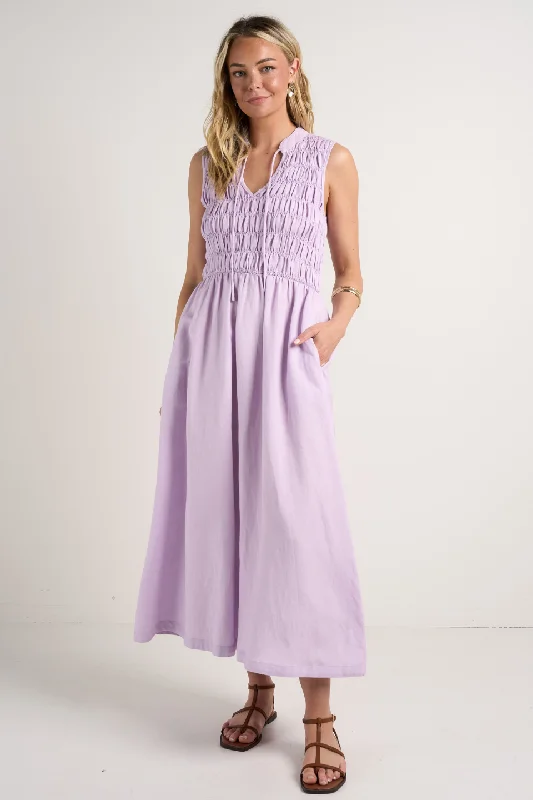 Women's Holiday Clothing Don'T Miss Out Explorer Lilac Sleeveless Split Neck Shirred Midi Dress