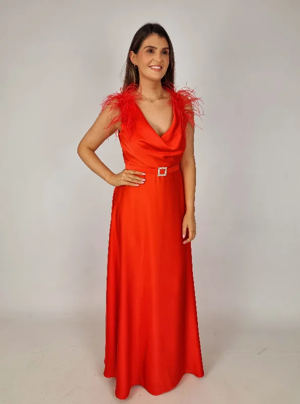 Women's Chic Outerwear Attire Discounts On Casual Weekend Styles Access Red Maxi Satin Dress With Feathers