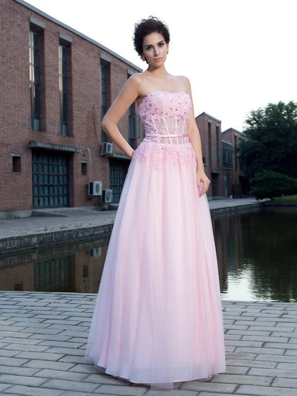 Affordable Women's Clothing Trend Alert A-Line/Princess Straps Applique Sleeveless Long Net Dresses #60113