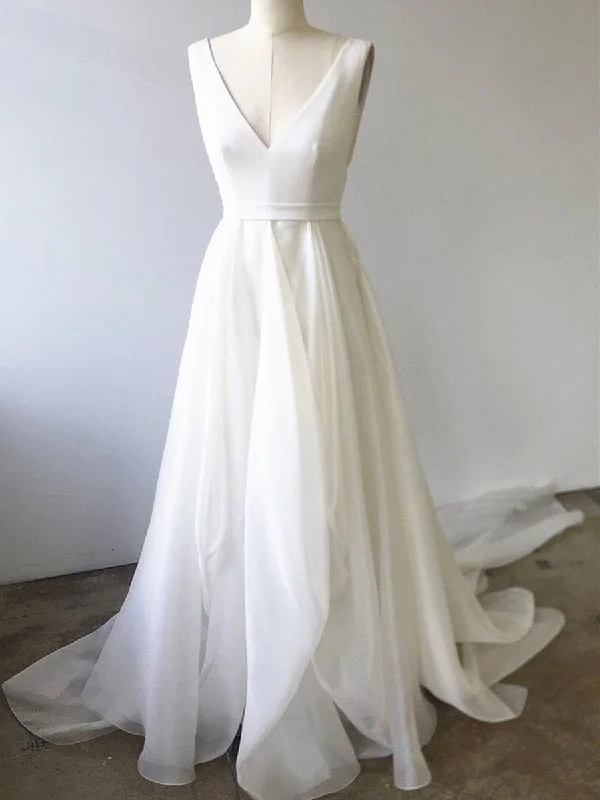 Casual Clothing For Women Stylish Looks A Line V Neck White Prom Dresses with Train, V Neck Formal Wedding Dresses with Train, White Evening Dresses